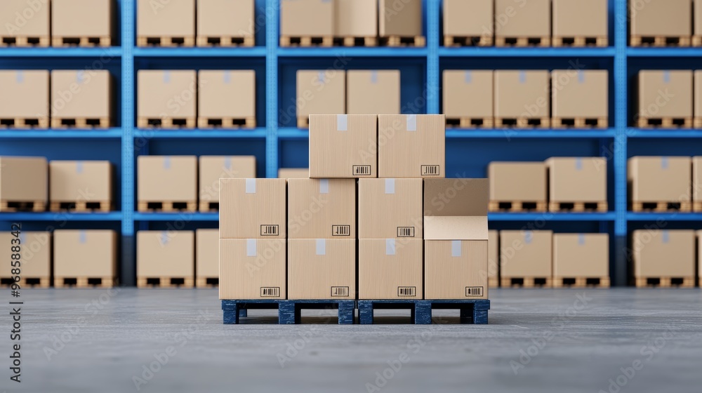 Stacked Cardboard Boxes on Blue Pallet in Warehouse Interior Stacked Cardboard Boxes on Blue Pallet in Warehouse Interior