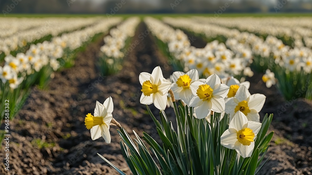 Fototapeta premium Renowned Dutch flower fields in bloom, showcasing rows of vibrant white and yellow daffodils.