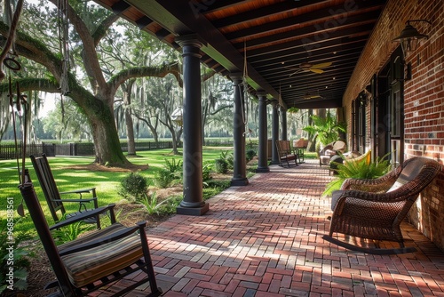 Large front porch with brick pavers, wicker chairs, hanging rocking chair, shaded by live oak trees, offering views of an expansive backyard on a bright sunny day.