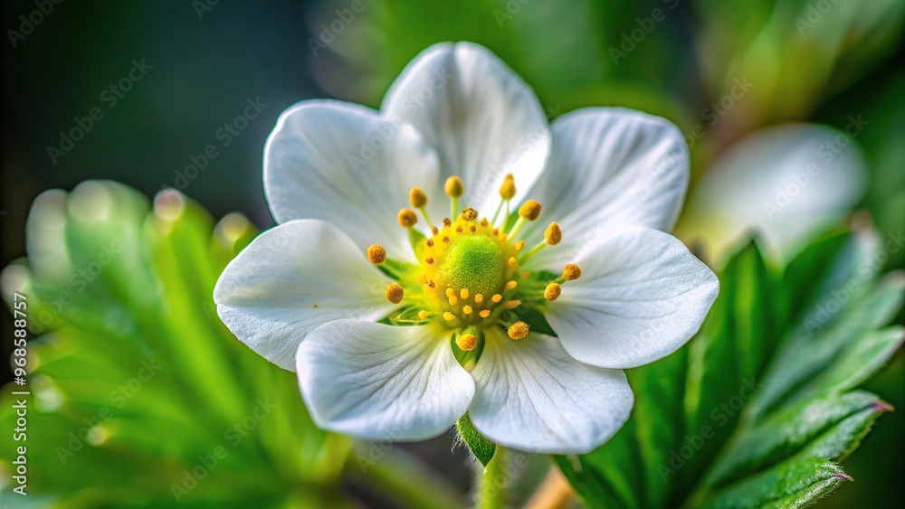 Close up photo of a white strawberry flower with beautiful details showcasing its delicate petals and stamen, season, up, stamen, fruit, macro, delicate, closeup, strawberry, organic, white Close up photo of a white strawberry flower with beautiful details showcasing its delicate petals and stamen, season, up, stamen, fruit, macro, delicate, closeup, strawberry, organic, white
