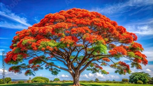 A bright and vibrant Flamboyant also known as the Flame Tree or Royal Poinciana stands tall and symmetrical against a clear blue sky, tall, flowering, beauty, tree, vibrant, tropical photo