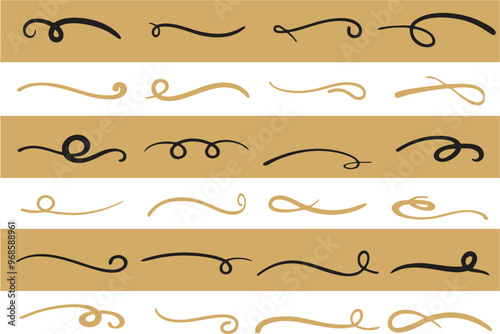 Swoosh lines, underline swish, stroke swash swirl, curly hand drawn text calligraphic brush tails, and black fireworks icon set. Line swirl, Vintage ornate, Decorative divider and scroll. eps 10.