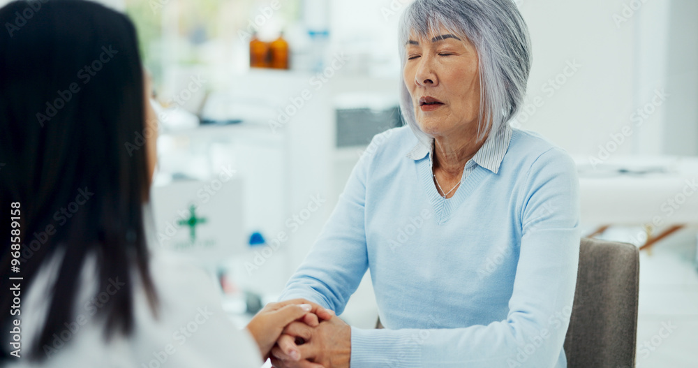 Fototapeta premium Holding hands, doctor and patient on consultation with eyes closed for support, feedback and report on diagnosis. People, healthcare and sad for advice, help and communication with kindness at clinic