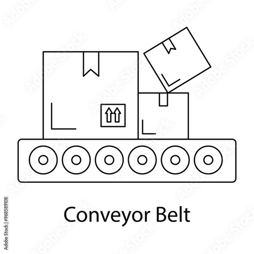 Vector icon for conveyor belt with boxes. Simple line drawing of a conveyor belt transporting boxes, ideal for automation, manufacturing, and logistics contexts.