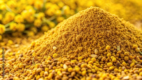 Close up photo of rapeseed meal a high nutrient protein and fiber feed ingredient showcasing its texture and golden color, ingredient, close-up, farming, high-nutrient, sustainable photo