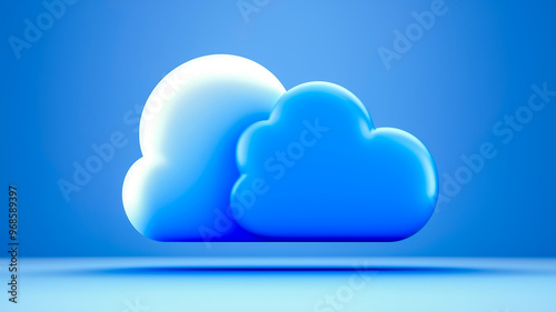 Two stylized clouds, one blue and one white, represent the concept of cloud storage. 
