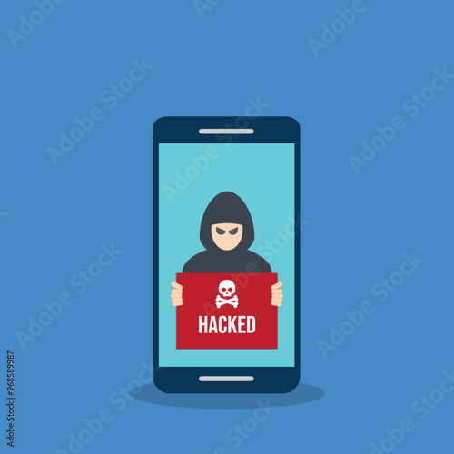 Hacker with hacked note on mobile phone , stealing confidential data, personal information and credit card detail. Hacking concept.