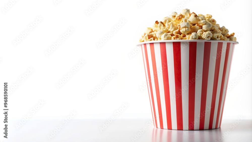 A long shot of a paper striped bucket filled with popcorn isolated on a white background, striped pattern, white background, food, leisure, snack, entertainment, cinema, striped design A long shot of a paper striped bucket filled with popcorn isolated on a white background, striped pattern, white background, food, leisure, snack, entertainment, cinema, striped design