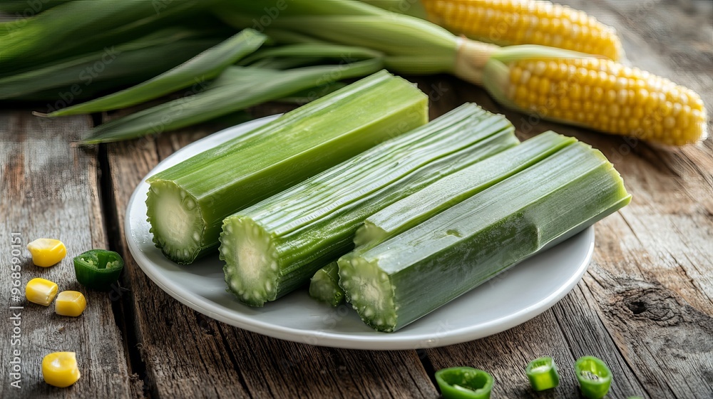 Pamonha served on a white plate, accompanied by beautiful ears of green corn on rustic wooden surfaces. The scene highlights the traditional Brazilian dish alongside fresh, vibrant corn. Pamonha served on a white plate, accompanied by beautiful ears of green corn on rustic wooden surfaces. The scene highlights the traditional Brazilian dish alongside fresh, vibrant corn.