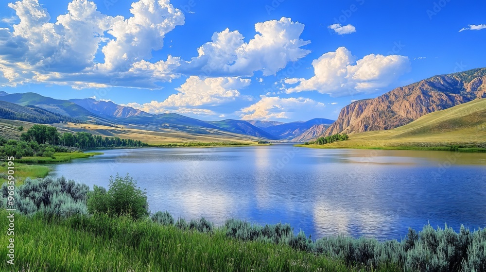 A panoramic view of the mountains and lake in the Curecanti Recreation Area near Gunnison, Colorado, showcasing the stunning natural landscape and serene waters. A panoramic view of the mountains and lake in the Curecanti Recreation Area near Gunnison, Colorado, showcasing the stunning natural landscape and serene waters.
