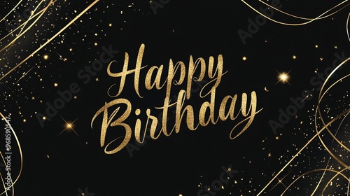 Happy Birthday handwritten in gold ink with flowing lines, beautifully set against a matte black background