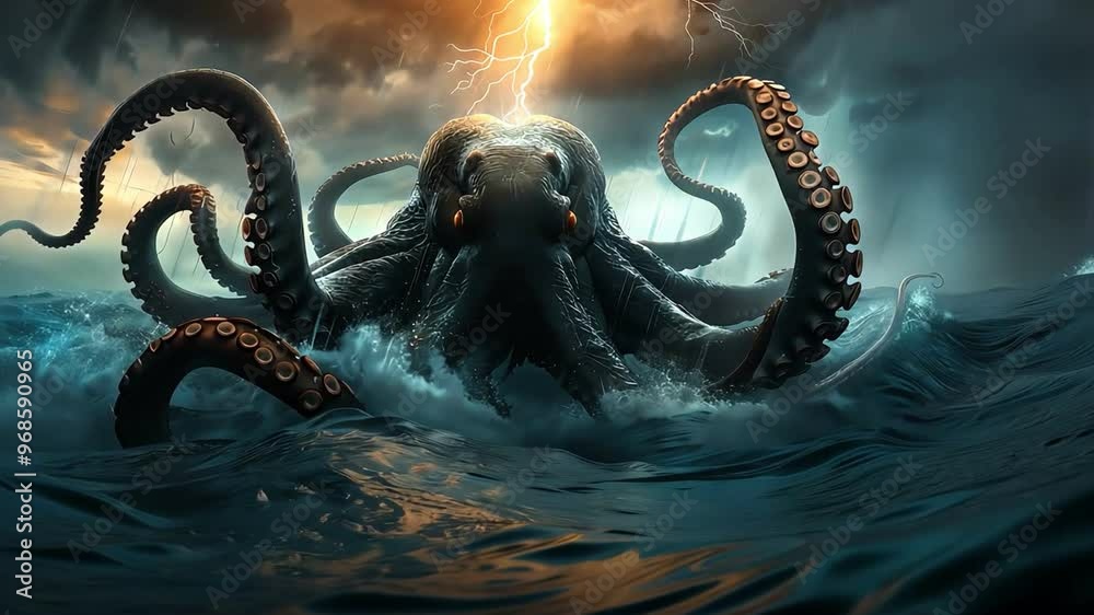 a colossal kraken emerging from the depths of an ocean, its tentacles reaching towards a stormy sky as lightning strikes nearby a colossal kraken emerging from the depths of an ocean, its tentacles reaching towards a stormy sky as lightning strikes nearby
