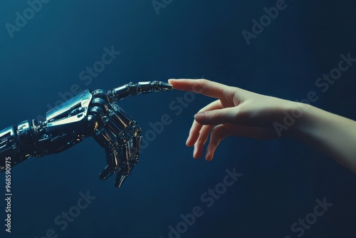 Human hand touching AI robot finger on blurry blue background