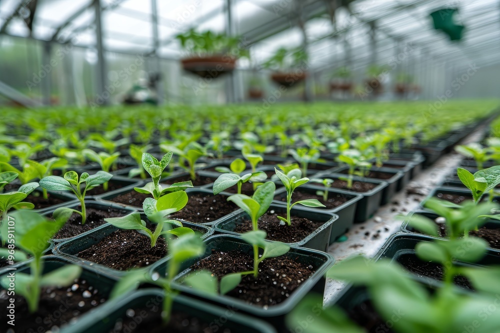 Raw photographic style of a greenhouse filled with seedlings, captured with a DSLR camera in the Richter style, high definition. Raw photographic style of a greenhouse filled with seedlings, captured with a DSLR camera in the Richter style, high definition.