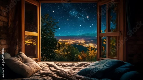 Cozy bedroom window view of starry night sky with serene landscape outside
 Seamless looping 4k time-lapse virtual video animation Generated AI