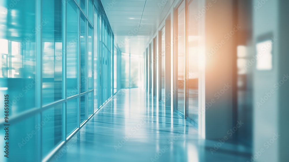 Modern Office Hallway with Glass Walls and Light Reflecting on Polished Floor Modern Office Hallway with Glass Walls and Light Reflecting on Polished Floor
