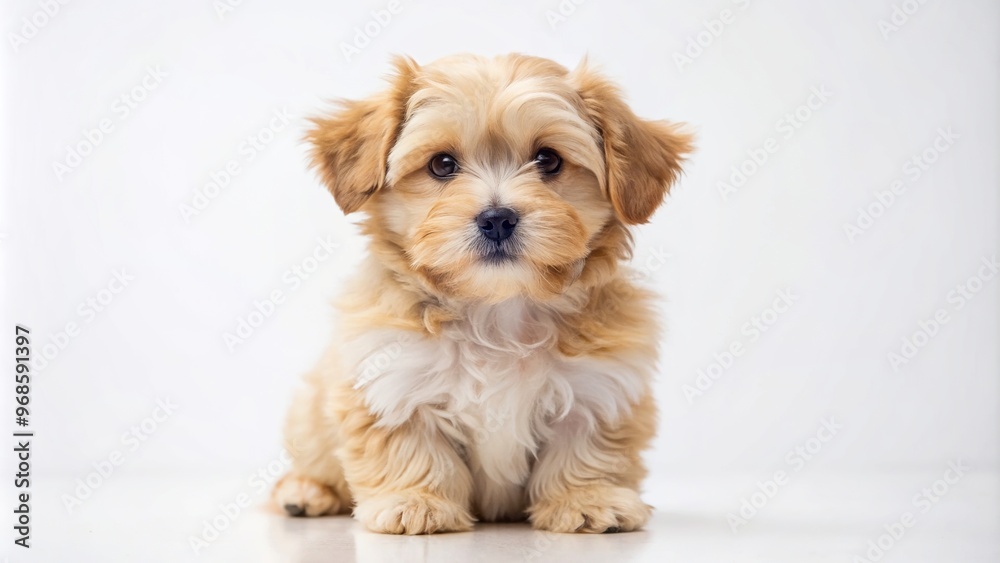 happiness, joy, innocence, small breed, cute, adorable, soft, white background, purebred, young, fluffy, fur, A cute small breed puppy with soft fluffy fur sitting on a white background