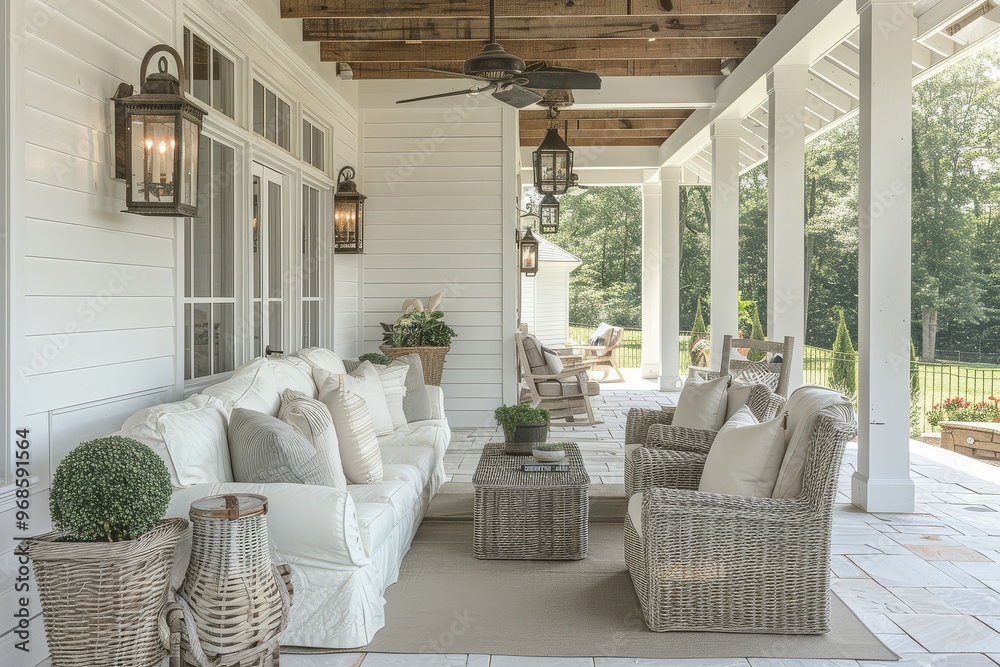 Fototapeta premium Cozy farmhouse front porch with white wicker furniture, rustic lighting, and diverse rocking chair styles, inviting relaxation and a touch of country charm.