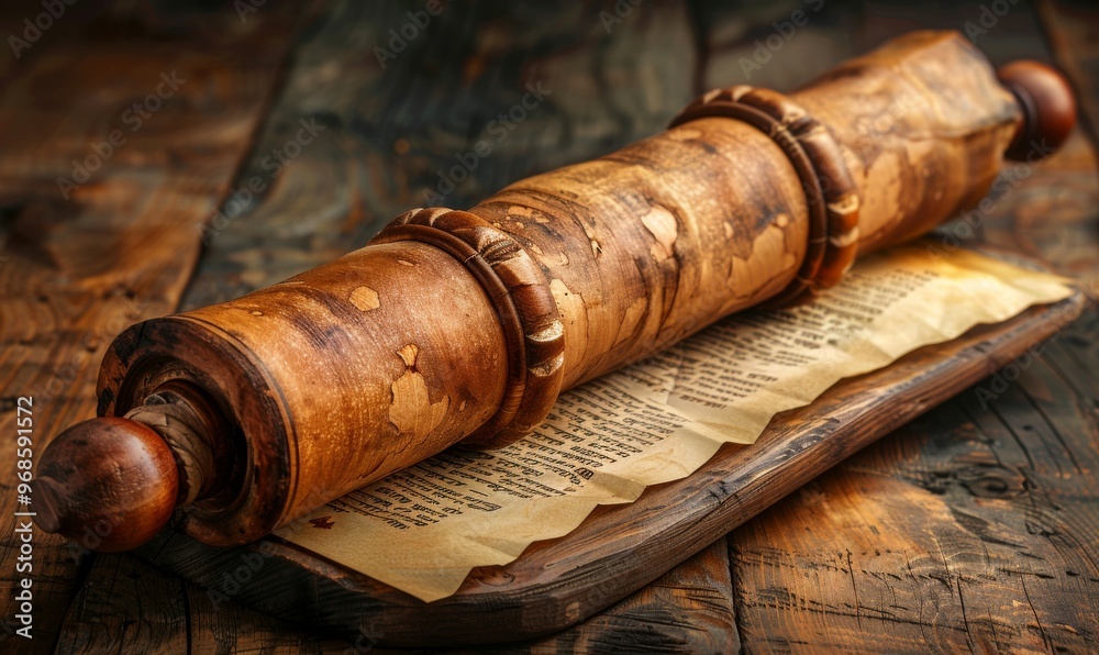 Ancient scroll resting on a wooden surface reveals intricate text, showcasing the craftsmanship and history of ancient manuscripts in a rustic setting Ancient scroll resting on a wooden surface reveals intricate text, showcasing the craftsmanship and history of ancient manuscripts in a rustic setting