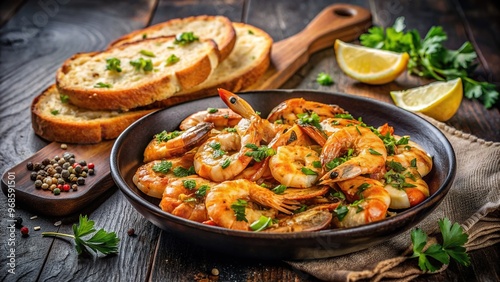 Grilled shrimp coated in a flavorful garlic sauce served alongside crispy bread creating a delicious panoramic dish, crispy bread, white background, grilled shrimp, meal, dish, barbecue