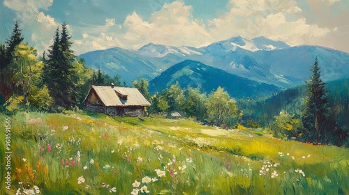 Summer in the Carpathian Mountains, with lush green landscapes, blooming wildflowers, and clear, serene skies.