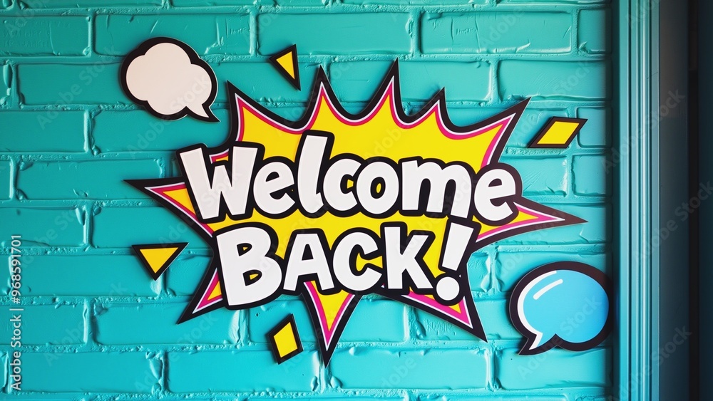 Welcome Back Banner - Vibrant Speech Bubble Design, Colorful welcome back sign on a blue brick wall featuring playful speech bubbles and dynamic text elements. Perfect for promoting events. Welcome Back Banner - Vibrant Speech Bubble Design, Colorful welcome back sign on a blue brick wall featuring playful speech bubbles and dynamic text elements. Perfect for promoting events.