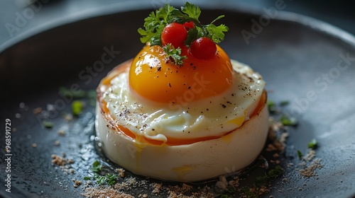 A tart egg served on a dish, showcasing its delicate and flavorful presentation.