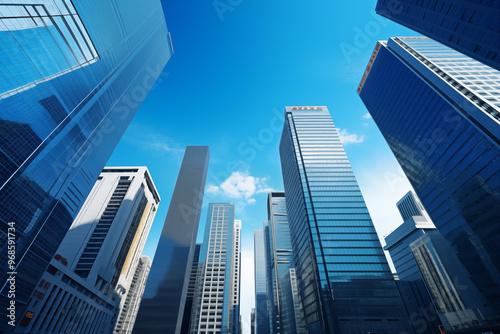 Skyscrapers Reaching into a Bright Blue Sky with White Clouds on a Sunny Day