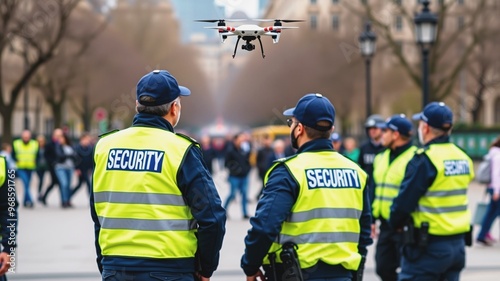 City Street Security Drone Surveillance , Security personnel in yellow vests stand alert on a busy city street, their attention focused on a drone flying overhead.