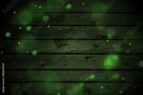 Green glowing bokeh lights on dark wooden wall abstract background. Vector neon design