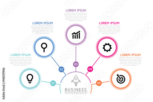 Vector infographic business presentation template with circular interconnection with 5 options.