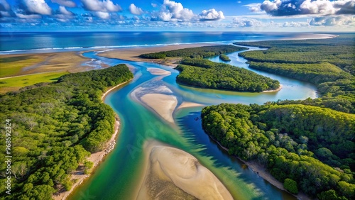 scenic, aerial view, tropical, coastal, wildlife, tranquility, river, mangroves, shoreline, birds-eye view, Aerial view of a tropical estuary creek flowing through a coastal environment