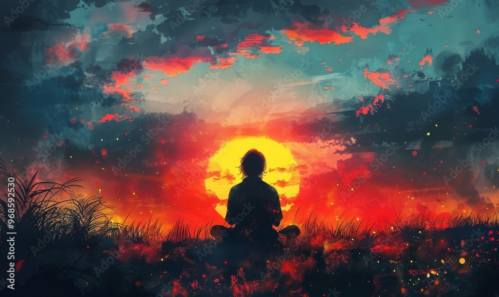 A tranquil moment at sunset, where a person sits contemplatively in a field, surrounded by vibrant colors of dusk and silhouetted clouds A tranquil moment at sunset, where a person sits contemplatively in a field, surrounded by vibrant colors of dusk and silhouetted clouds