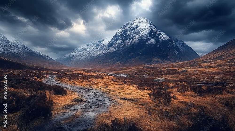 A breathtaking view of the wintry Glencoe Valley in Scotland, with dramatic cloudy skies looming over snow-capped mountains. A breathtaking view of the wintry Glencoe Valley in Scotland, with dramatic cloudy skies looming over snow-capped mountains.