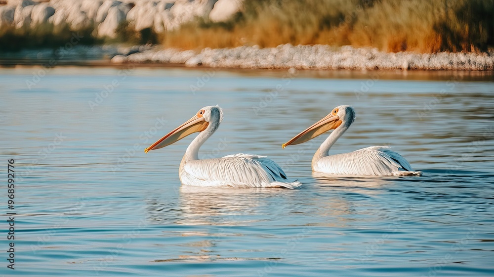 White pelican birds gliding across the lake in Aswan, Upper Egypt. White pelican birds gliding across the lake in Aswan, Upper Egypt.