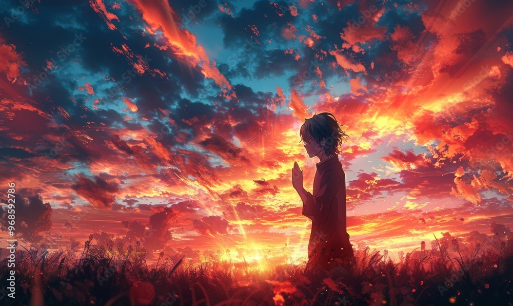 A tranquil moment of reflection at sunset with vibrant clouds illuminating the sky in a serene field