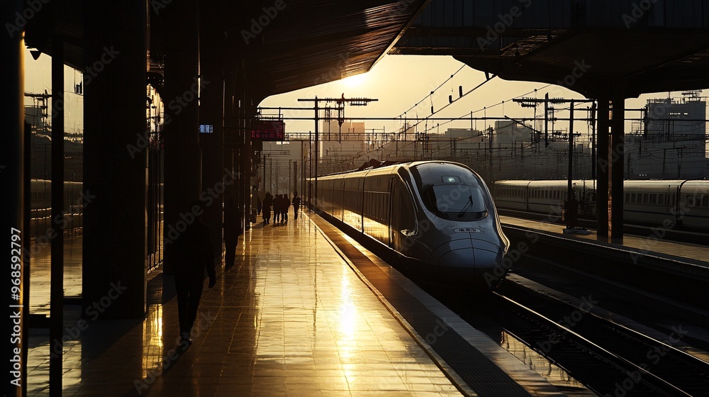 A sleek high-speed train arrives at a modern station during sunset, casting reflections on the platform's wet surface.