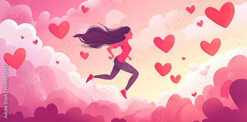 Cartoon of a running woman with hearts background