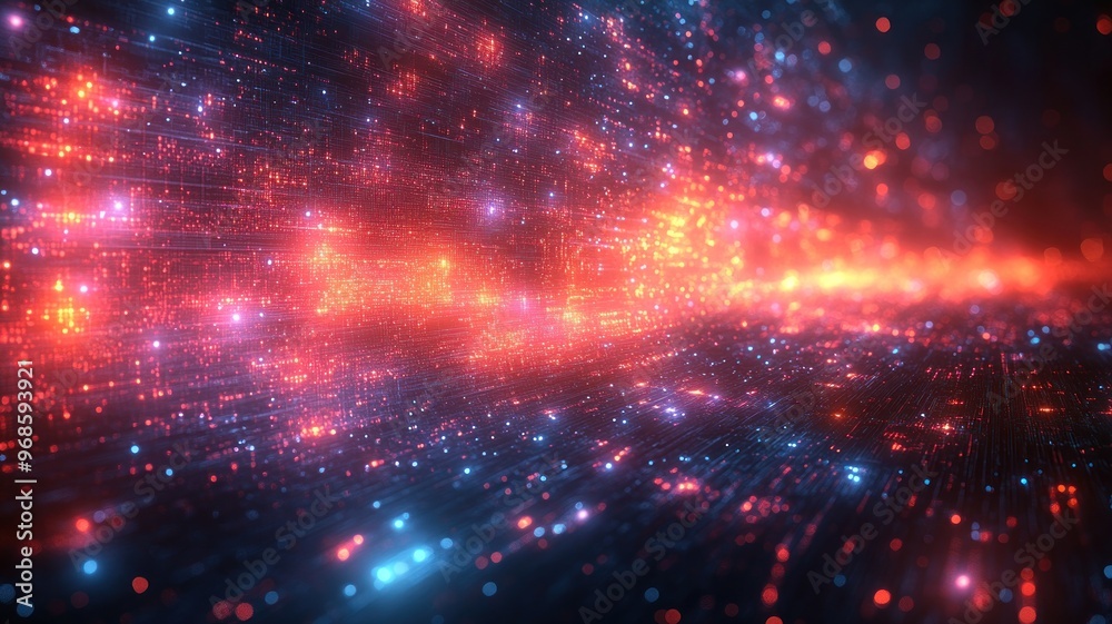 Fototapeta premium Abstract digital landscape with glowing particles and light trails.