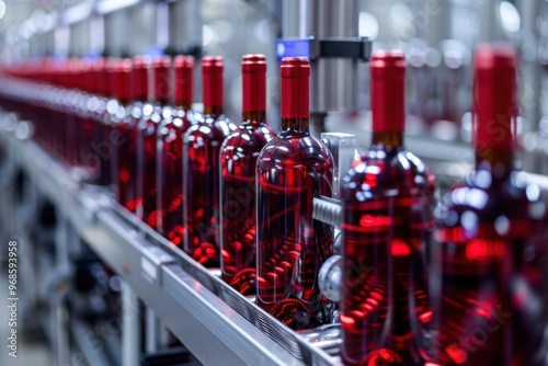 A precise depiction of a red wine bottling line in a clean, well-lit factory environment. The focus is on the close-up view of the red wine bottles as they move along the automated conveyor system. 