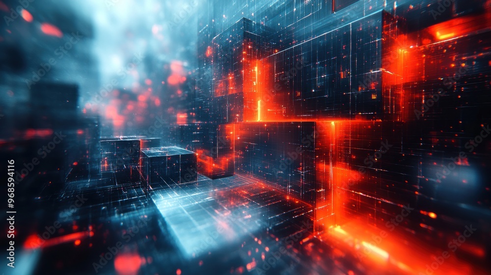 Obraz premium Abstract digital landscape with glowing elements and geometric shapes.