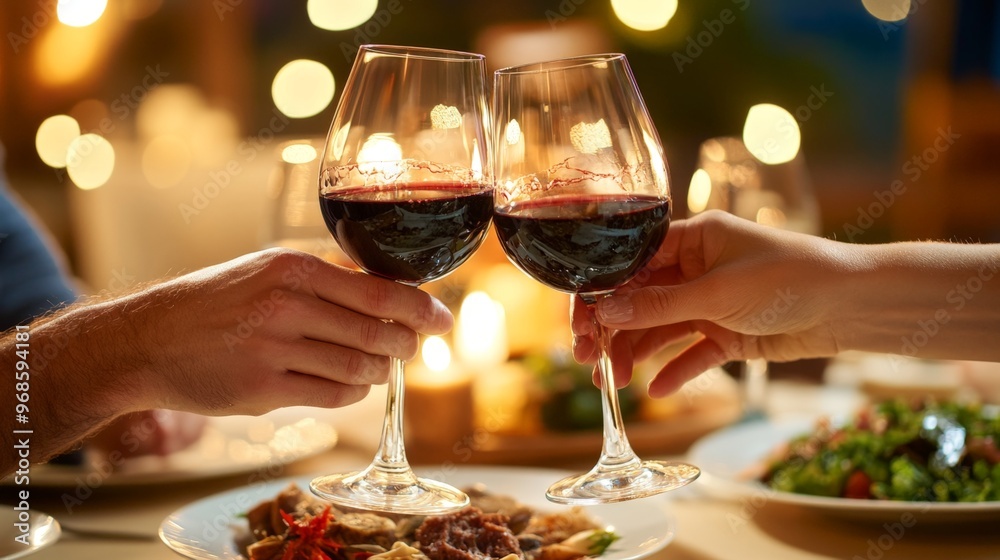 A couples hands clinking glasses of wine together at dinner, with their plates full of freshly cooked food in the background A couples hands clinking glasses of wine together at dinner, with their plates full of freshly cooked food in the background