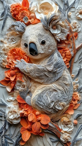 Paper art style, a koala depicted with layered paper techniques, featuring intricate cuts and textured details, creating a delicate artistic effect. photo