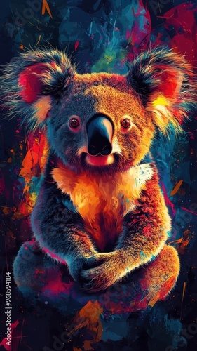 Digital art style, a koala illustrated with clean lines and bright digital effects, presenting a modern and vibrant interpretation. photo