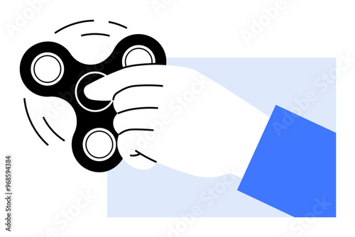 A hand spinning a black fidget spinner. Ideal for stress relief, concentration, fidgeting, relaxation, and hand toys. Modern minimal style.