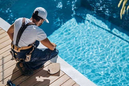 A professional worker inspects the edge of a clear blue swimming pool while seated on a wooden deck.