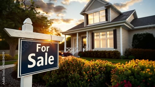 A beautifully landscaped house featuring a prominent 'For Sale' sign, ideal for real estate marketing and home buying promotions.
