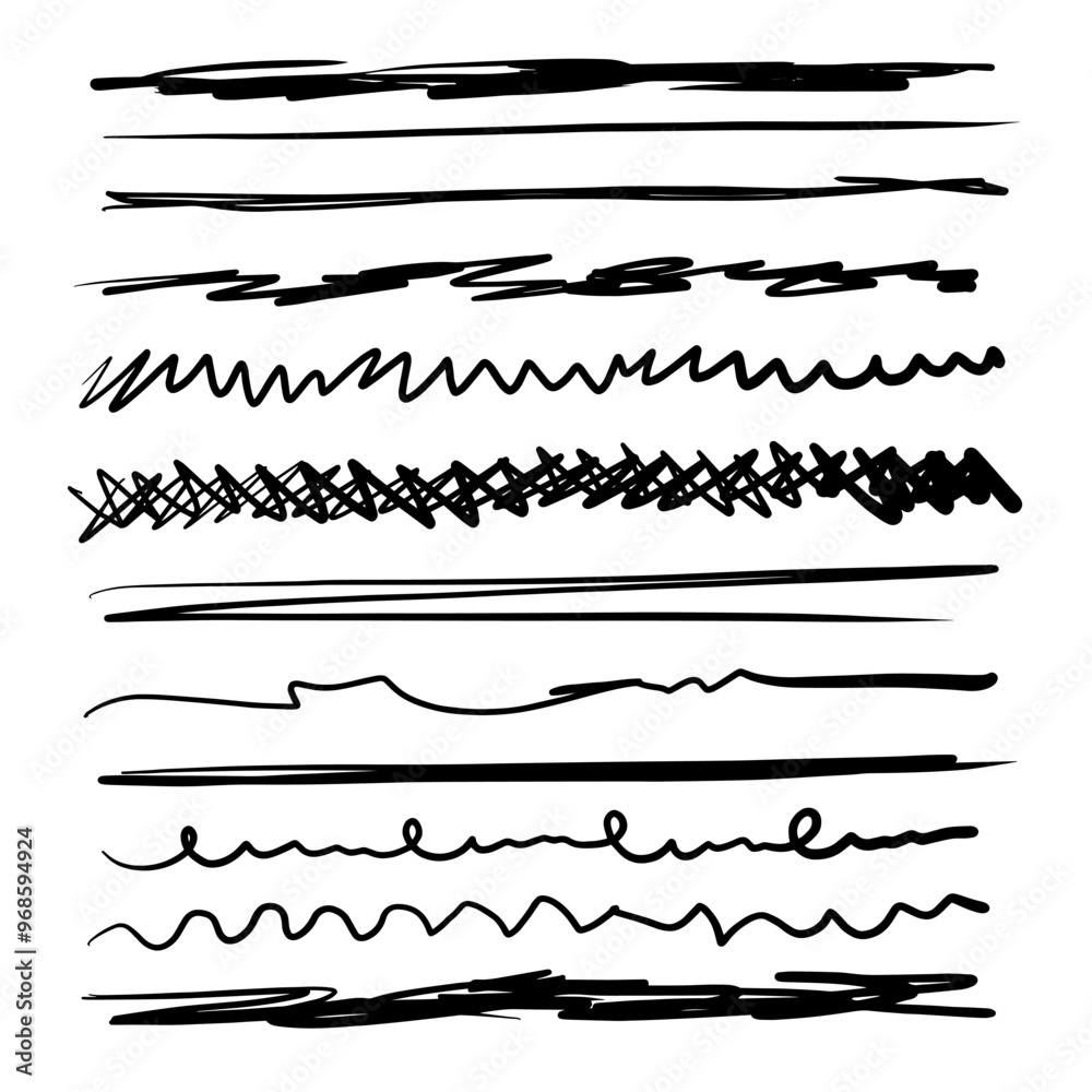 Obraz premium Set of artistic pen brushes. Hand drawn grunge strokes. Doodle lines, various dividers for web sites. Vector illustration