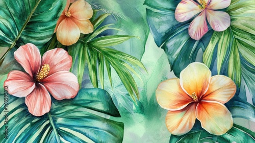 Wallpaper Mural Watercolor of Tropical spring floral green leaves and flowers background
 Torontodigital.ca