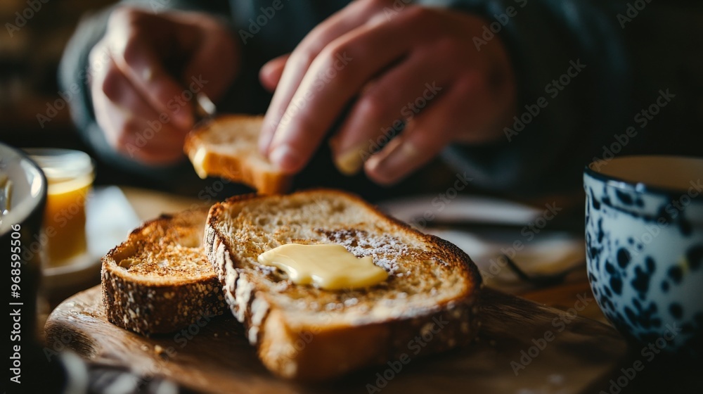 A close-up of hands buttering toast at a breakfast table, the butter melting into the bread A close-up of hands buttering toast at a breakfast table, the butter melting into the bread